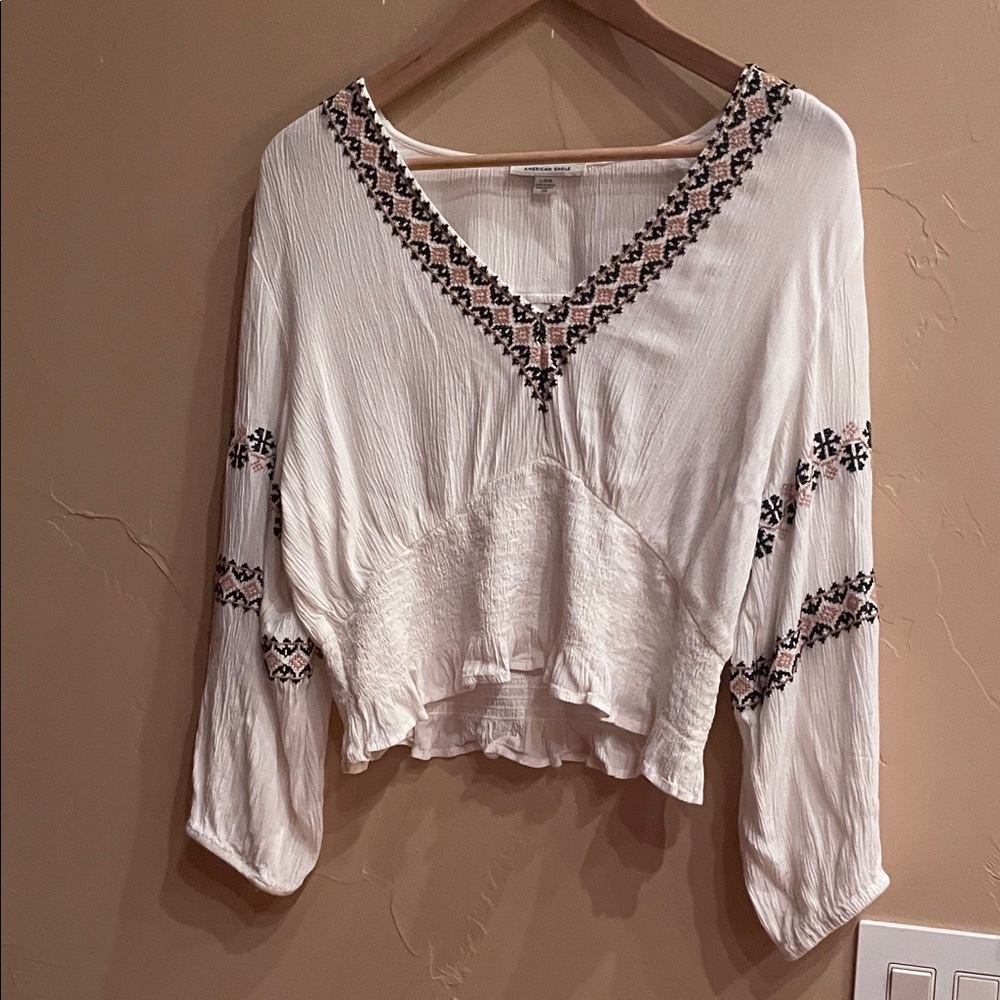 American Eagle Outfitters White Embroidered V-Neck Tunic